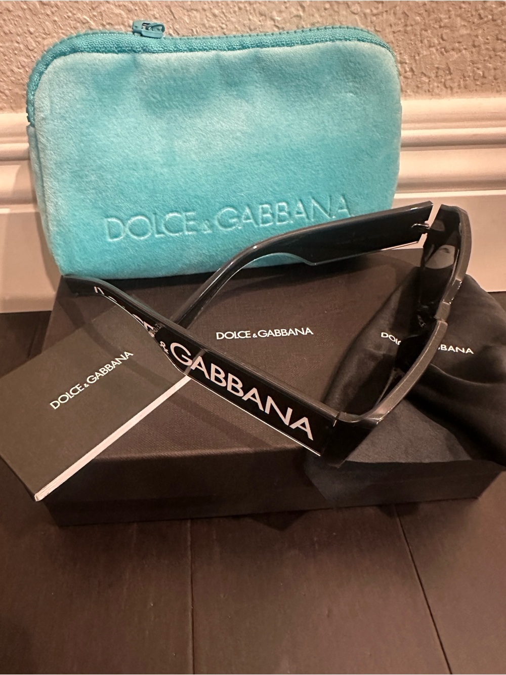 Dolce & Gabbana Black Logo Rectangle Sunglasses with Turquoise Case - Picture 3 of 6